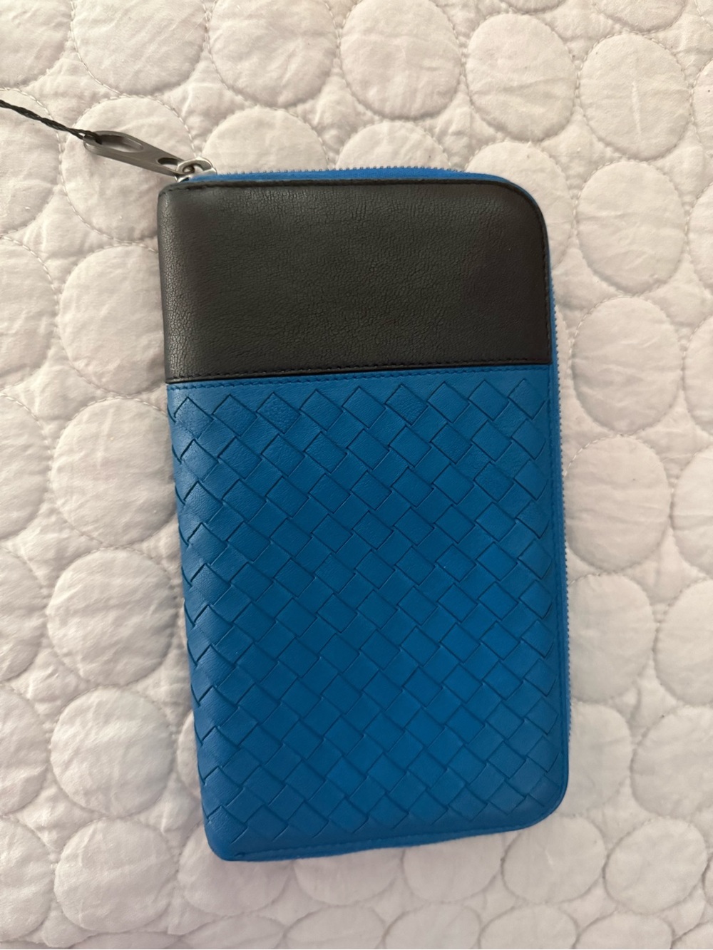 Bottega Veneta Blue and Black Woven Zip Wallet
